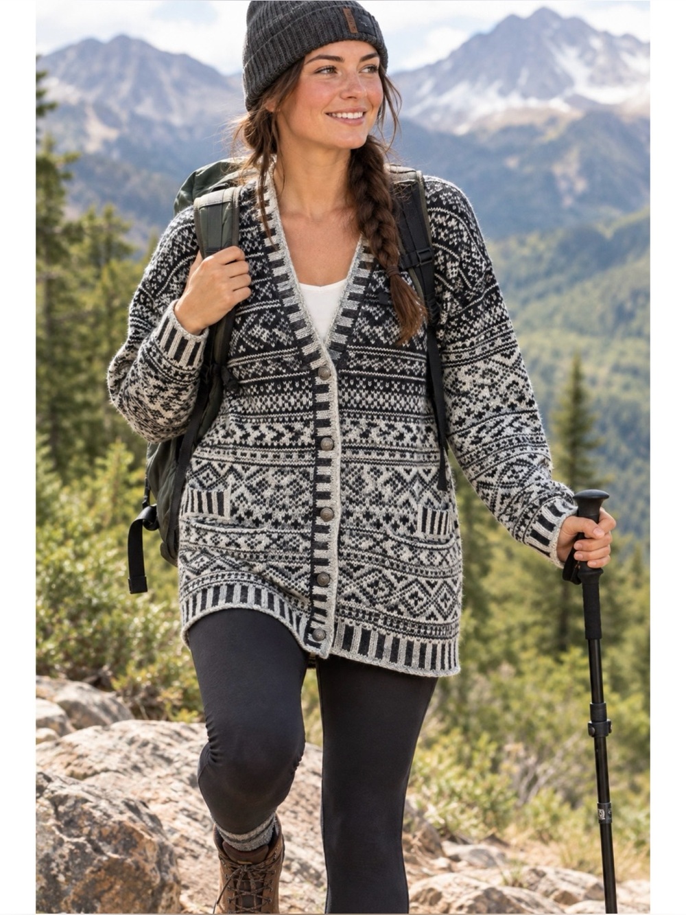 Jones New York Black White Wool Fair Isle V Neck Bulky Cardigan Sweater Size: S